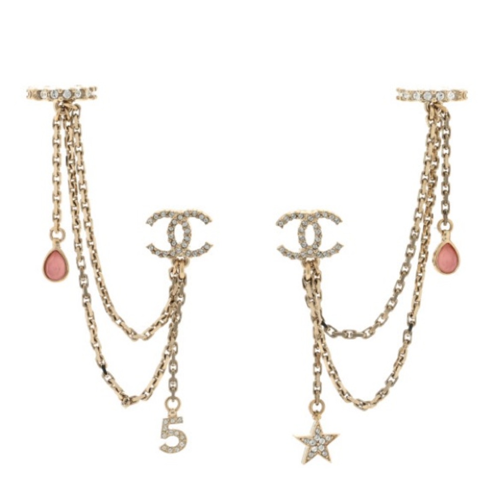 BNIB Chanel Crystal Star 5 Drop Earrings Ear Cuffs Gold Pink AB8063 B07810 NH435